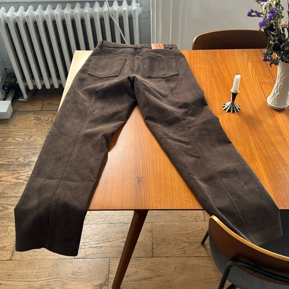 nanushka faux suede straight leg trousers